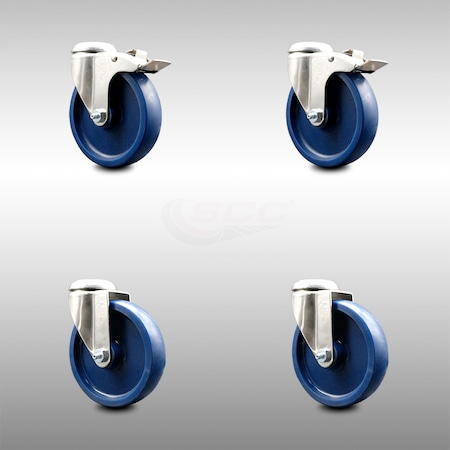 Service Caster 5 Inch 316SS Solid Polyurethane Swivel Bolt Hole Caster Set with 2 Lock Brake SCC-SS316BHTTL20S514-SPUS-2-S-2
